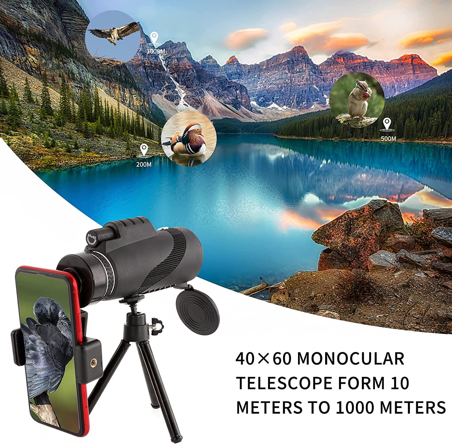 Monocular Telescope 40X60 HD Monocular Telescope BAK4 Prism Lens with Smartphone Adapter Tripod for Birdwatching Hunting Camping Sightseeing and Concert