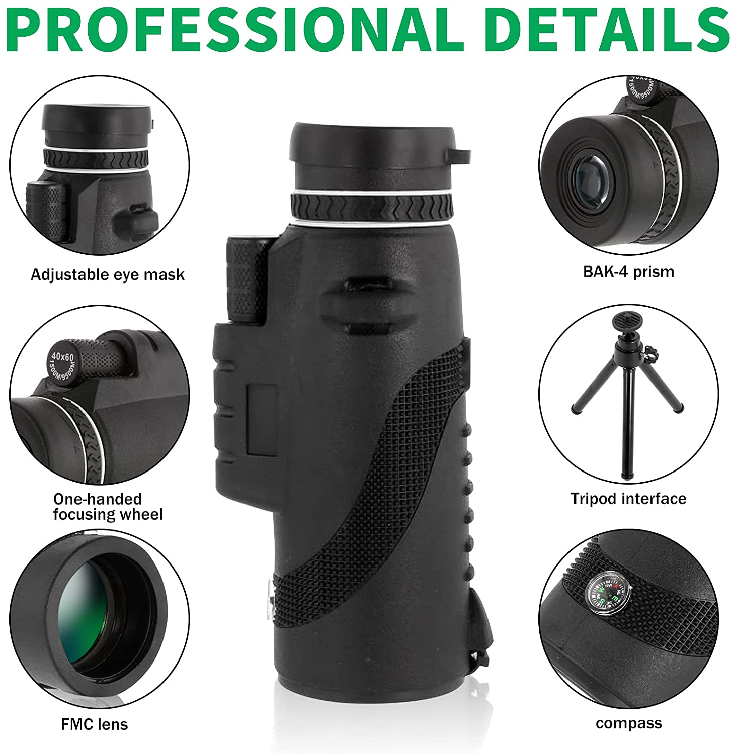 Monocular Telescope 40X60 HD Monocular Telescope BAK4 Prism Lens with Smartphone Adapter Tripod for Birdwatching Hunting Camping Sightseeing and Concert