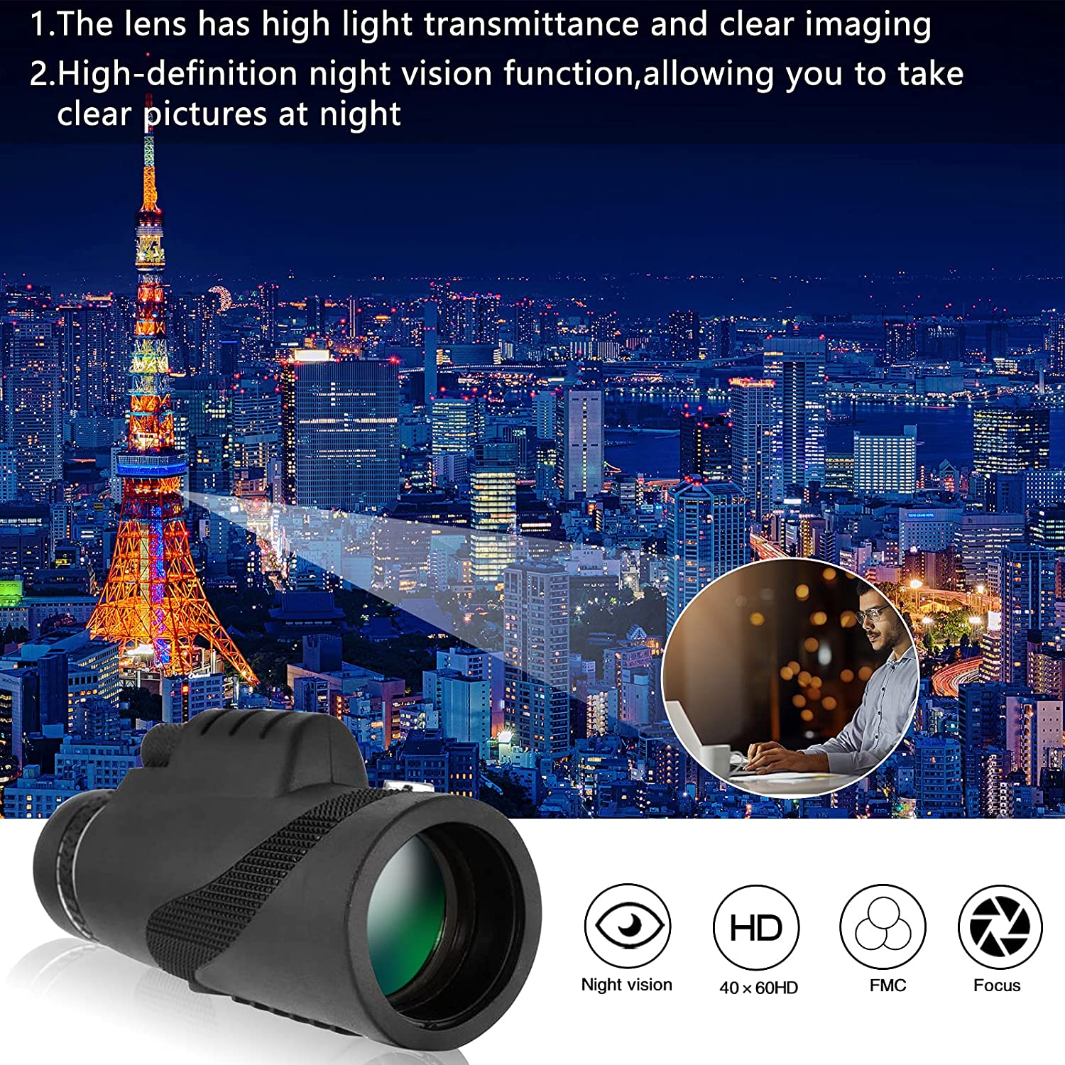 Monocular Telescope 40X60 HD Monocular Telescope BAK4 Prism Lens with Smartphone Adapter Tripod for Birdwatching Hunting Camping Sightseeing and Concert