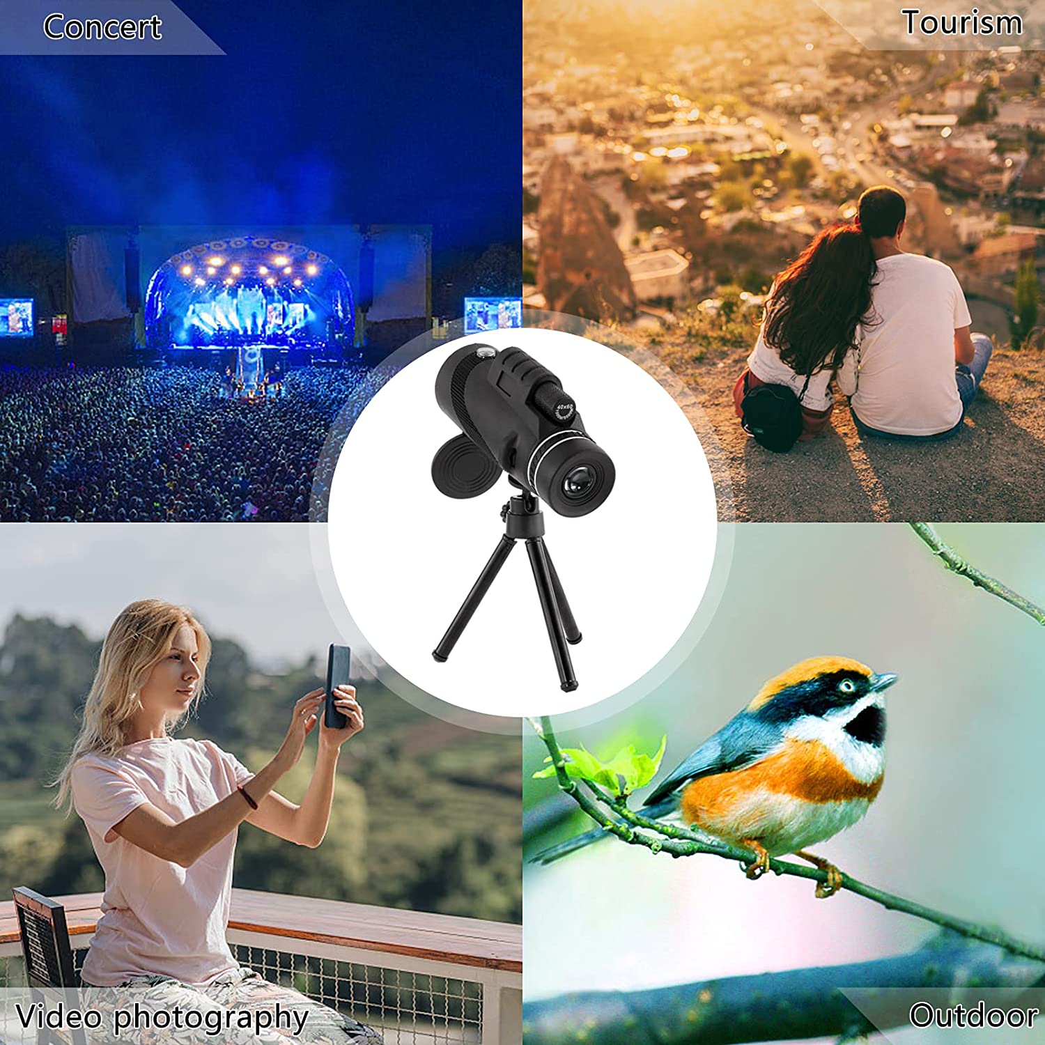 Monocular Telescope 40X60 HD Monocular Telescope BAK4 Prism Lens with Smartphone Adapter Tripod for Birdwatching Hunting Camping Sightseeing and Concert